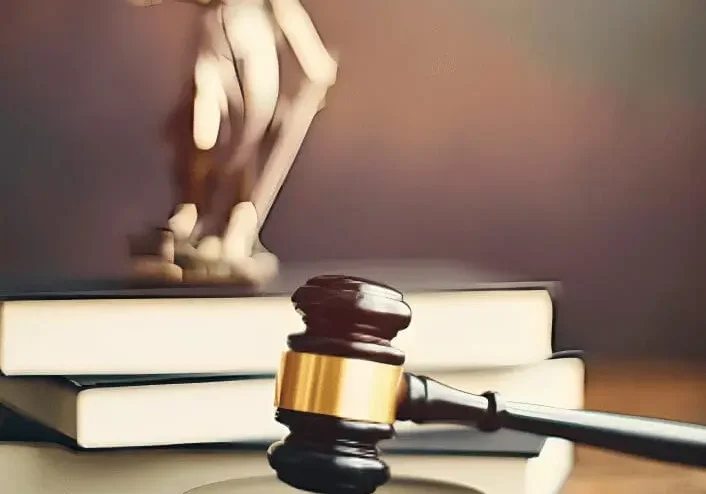 Judge's gavel resting on block beside law books